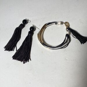 7” Bracelet & 4” Earring Set Black Beaded Tassel Gold Tone Fringe Lobster Clasp